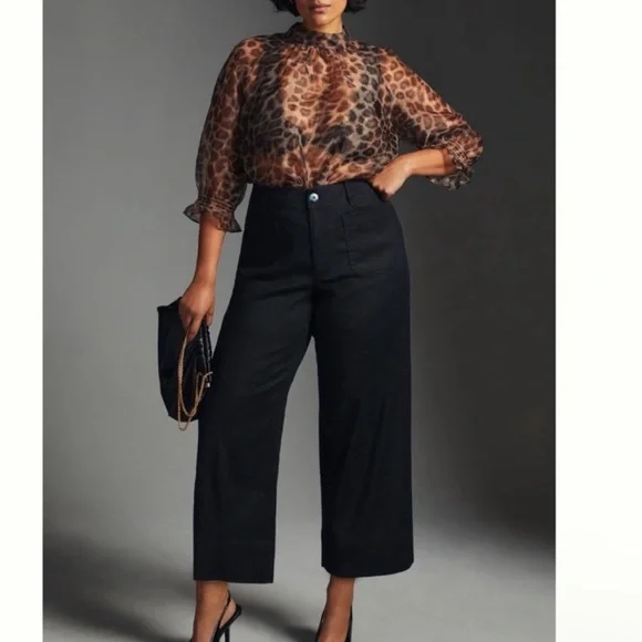 Anthropologie 30 Colette Wide Leg Ankle Pants Black Linen Office Career Business - Picture 1 of 9